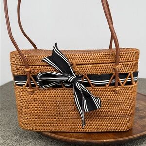 Queen Bee Studio Bag Brown Woven Basket Black Ribbon Leather Straps Purse Boho